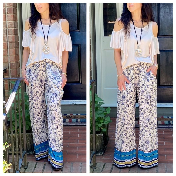 ShopEvelynne Pants - BOHO PRINT WIDE  LEG TIE FRONT PANTS